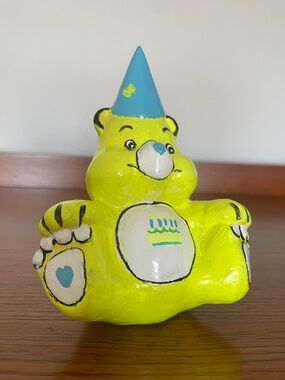 Vintage Care Bears Hand painted ceramics - 1984 Signed Neon Yellow Birthday Bear